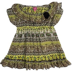 Y2K Pinky Kids Sheer Sequin Floral Boho Blouse Brown Fairycore Size 10